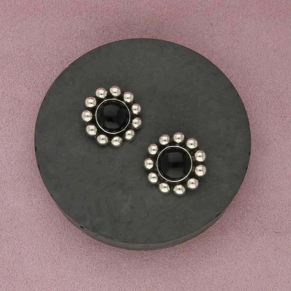 taxco mexico sterling silver vintage beaded black onyx clip-on earrings